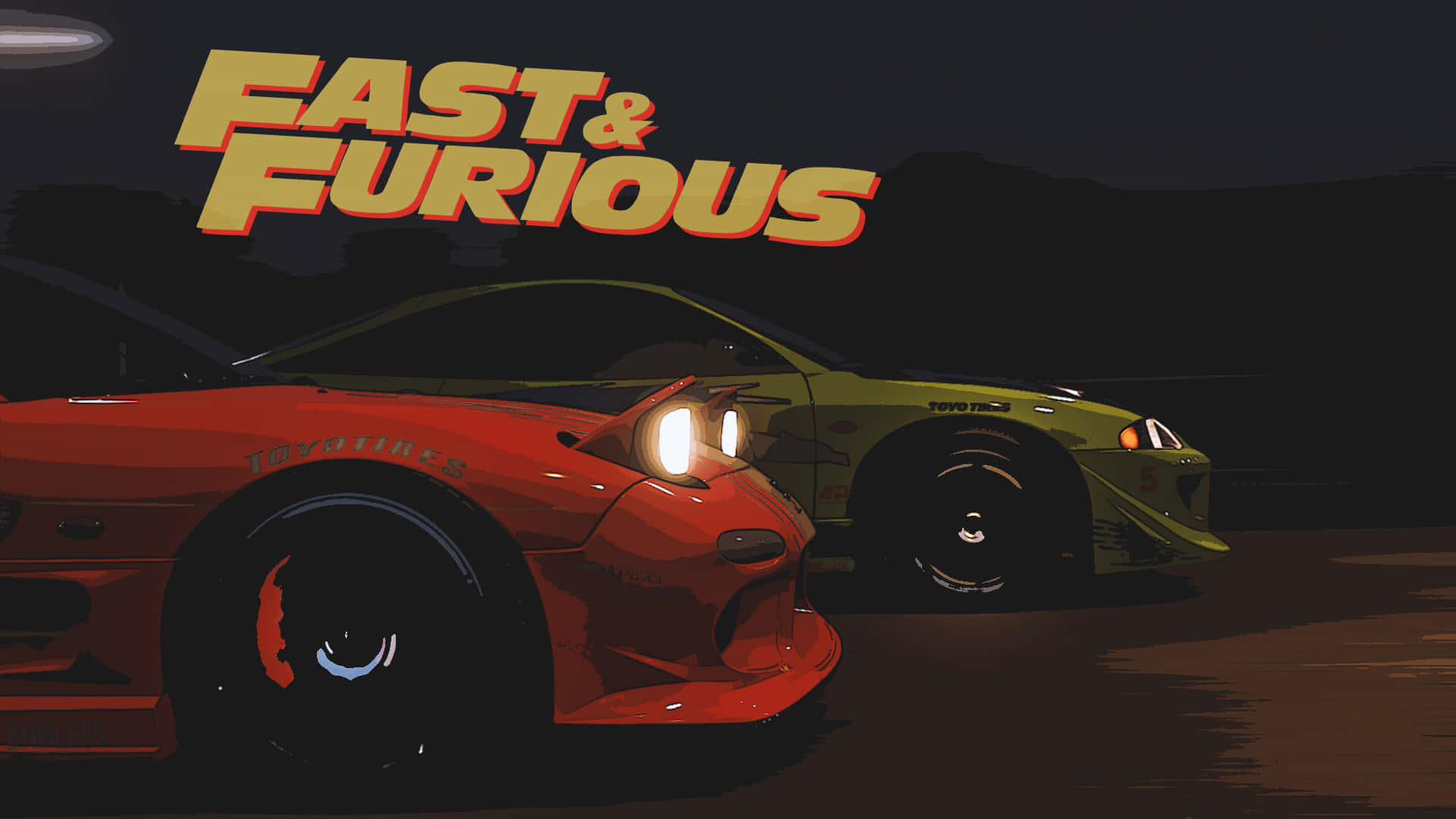 夜間在「Fast & Furious」標誌下，兩輛賽車亮著車頭燈。