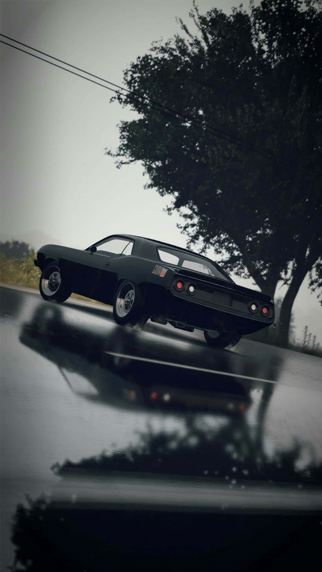 黑色肌肉車在雨中行駛在潮濕的道路上，帶有樹木倒影