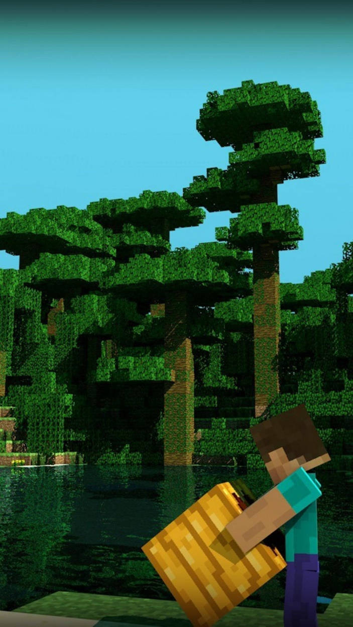 Minecraft玩家喺森林湖旁邊拎住一個金色方塊。
