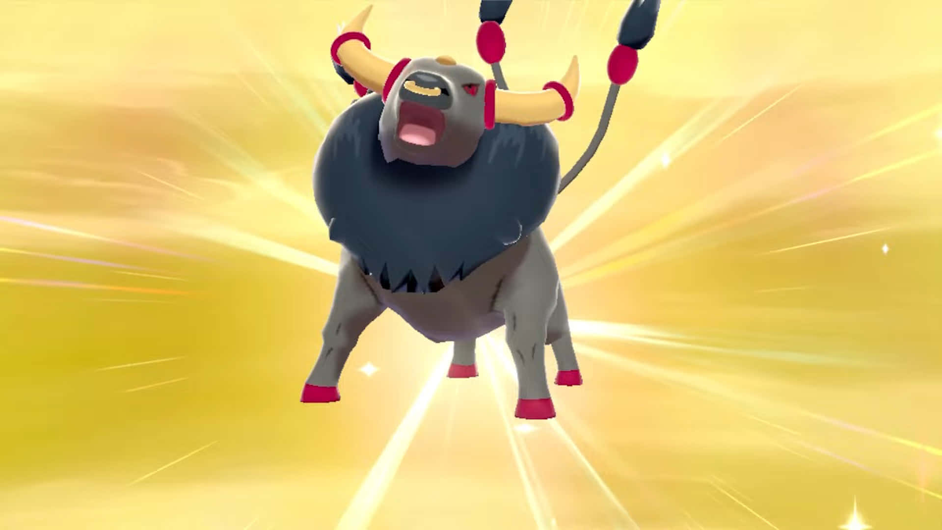 玩家創作的 Paldean Tauros 壁紙 — 一個強大的動畫公牛狀生物，帶有發光的角和紅色點綴，在燦爛的金色背景上咆哮。