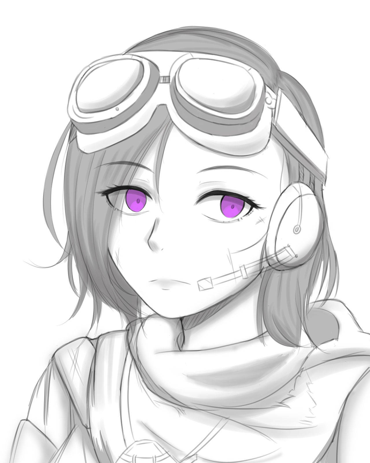 玩家創作的《決勝時刻》薩曼莎·馬克西斯插畫 壁紙 — 一個單色動漫女孩，紫色眼睛，戴著護目鏡和耳機，以素描風格肖像呈現。