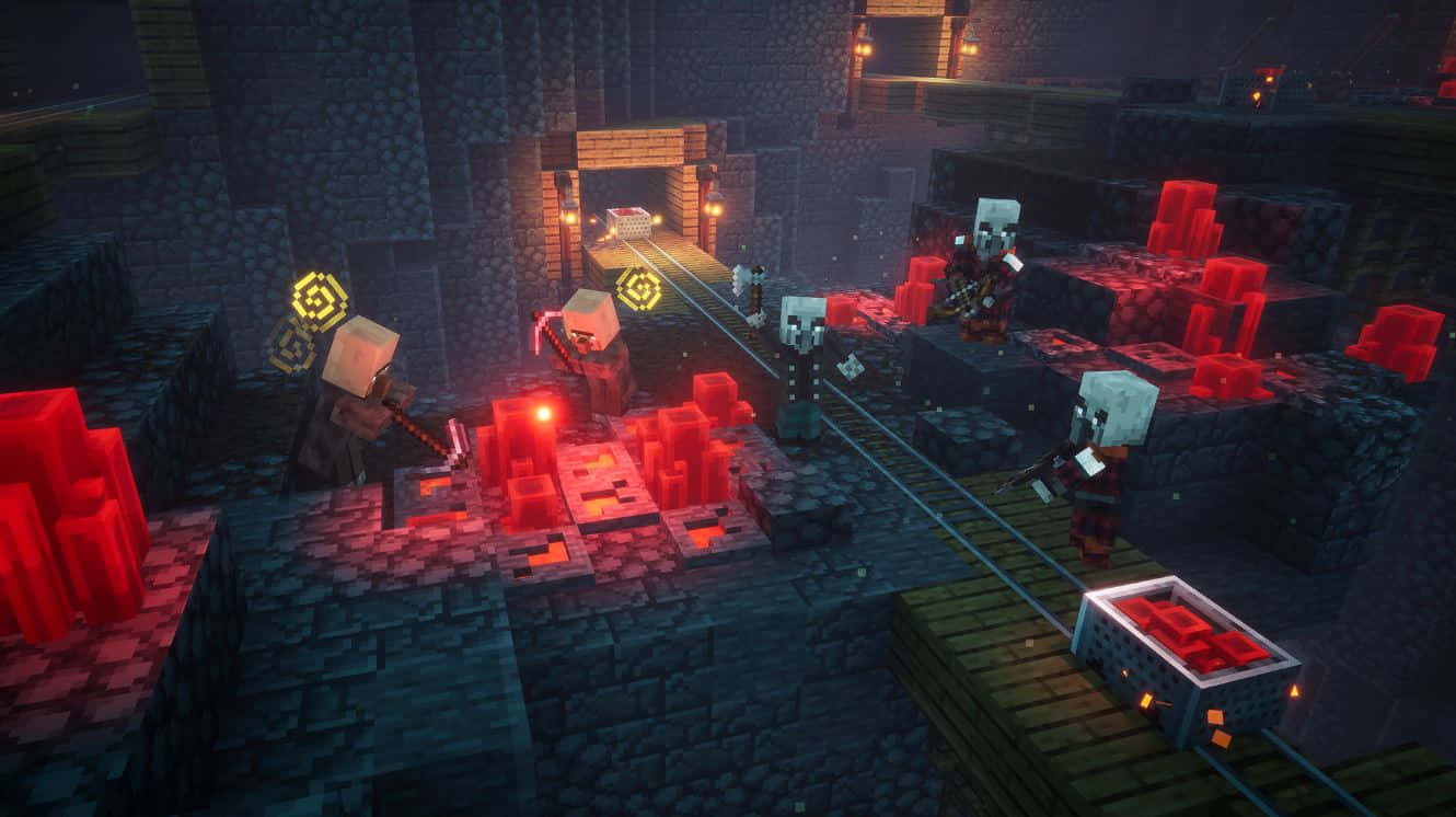 Minecraft Redstone 桌布 壁紙 — 玩家在 Minecraft 地獄堡壘中與骷髏戰鬥，該堡壘光線昏暗，由發光的紅色方塊和火炬照亮。