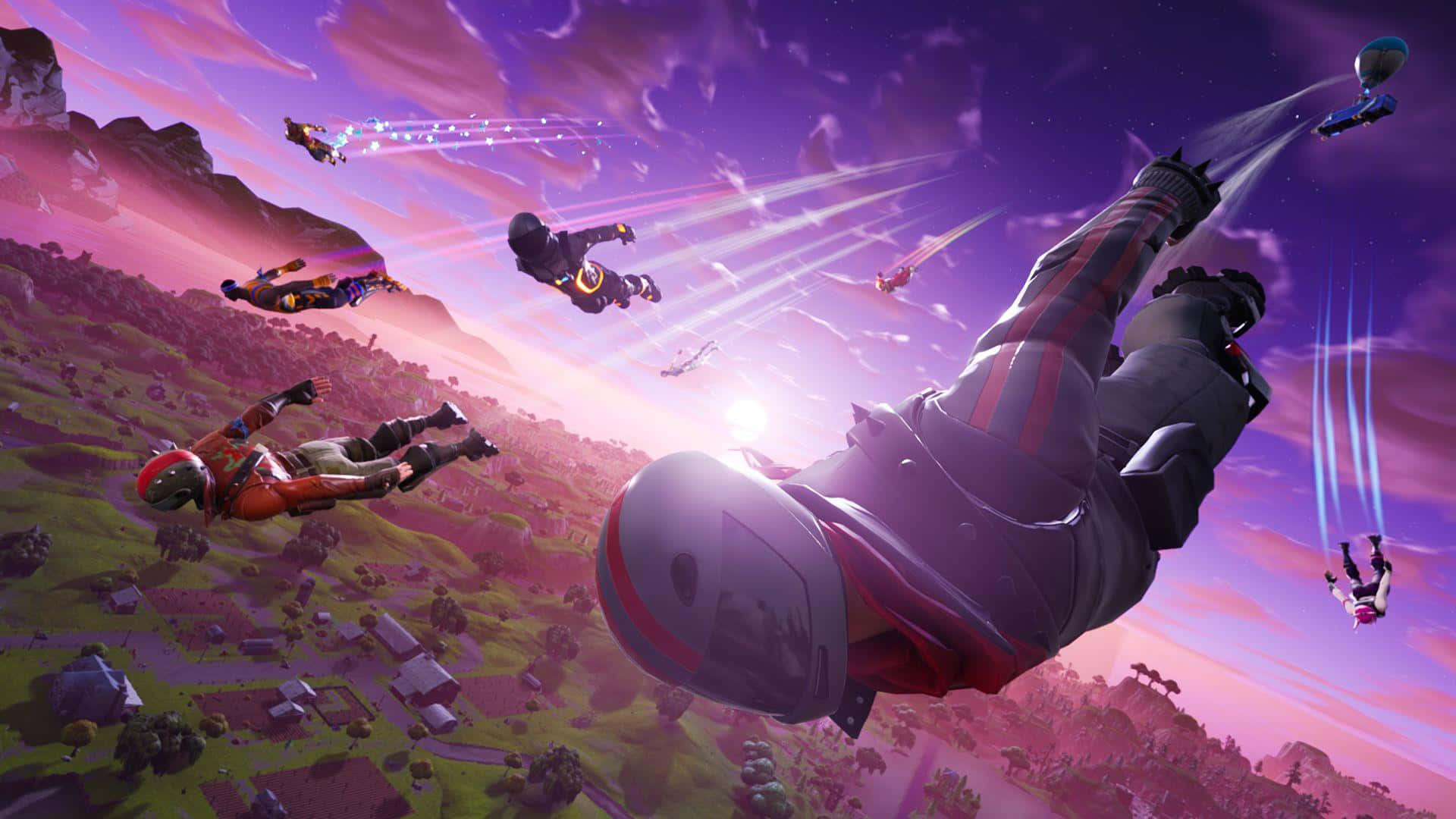 型格 Fortnite 桌布 壁紙 — 玩家在《要塞英雄》中跳傘，伴隨著色彩繽紛的光芒，背景是紫色夕陽下的起伏綠色景觀。