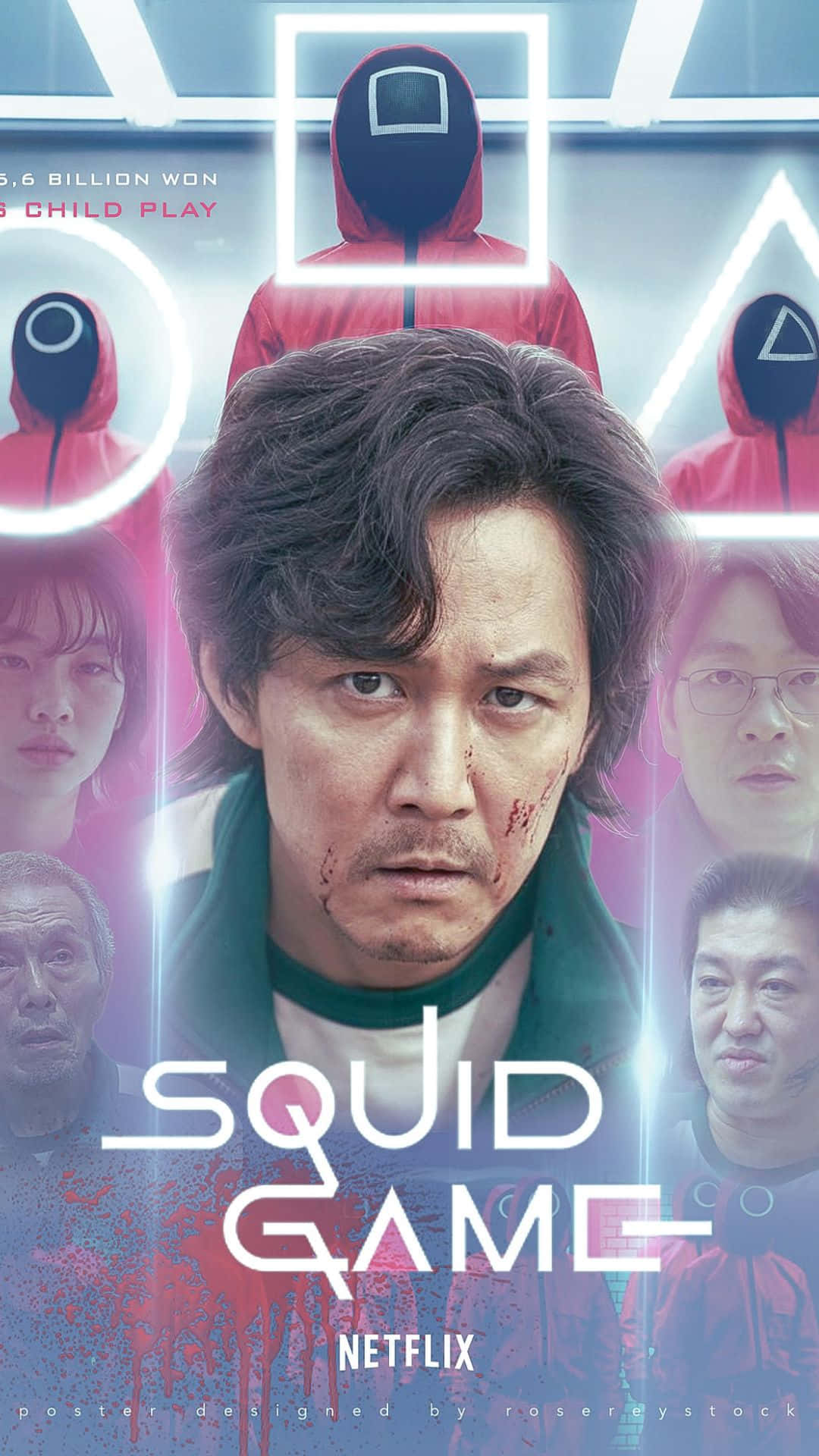 魷魚遊戲海報，顯示一名臉上帶血的男子被面具玩家包圍。