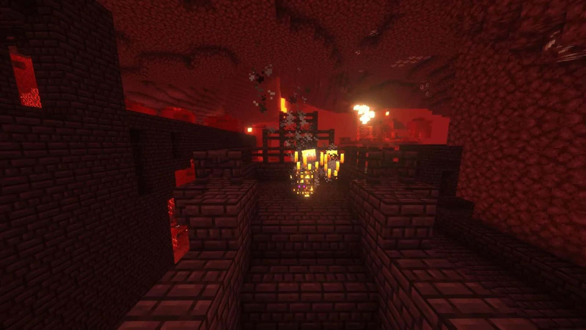 Minecraft Blaze 桌布 壁紙 — 玩家在Minecraft中探索一個昏暗的地獄堡壘，周圍有發光的熔岩和紅色地獄磚。