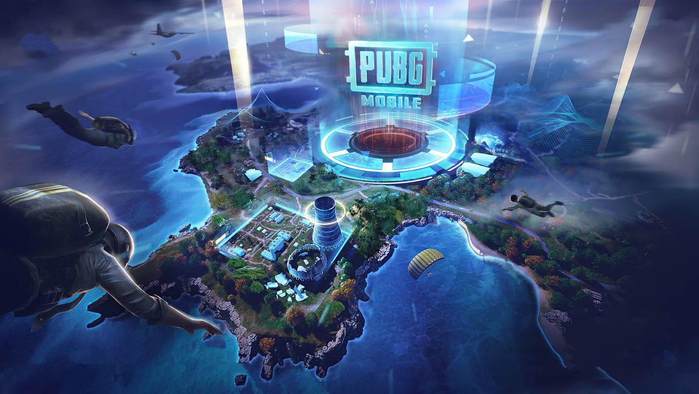 PUBG 桌布 壁紙 — 玩家跳傘朝向一個發光的未來島嶼，中央有PUBG Mobile競技場，周圍環繞著海洋和森林。