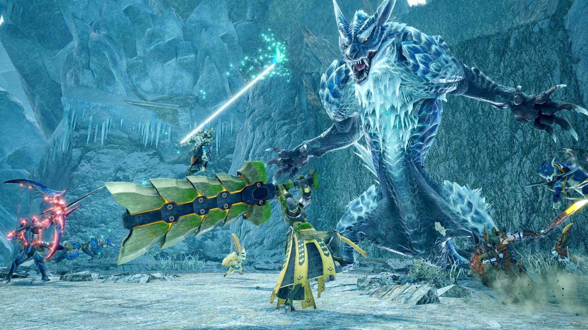 Monster Hunter Monsters 桌布 壁紙 — 玩家身穿鮮豔盔甲，在冰凍洞穴中與巨大的冰覆蓋怪物戰鬥，並使用發光的魔法攻擊。