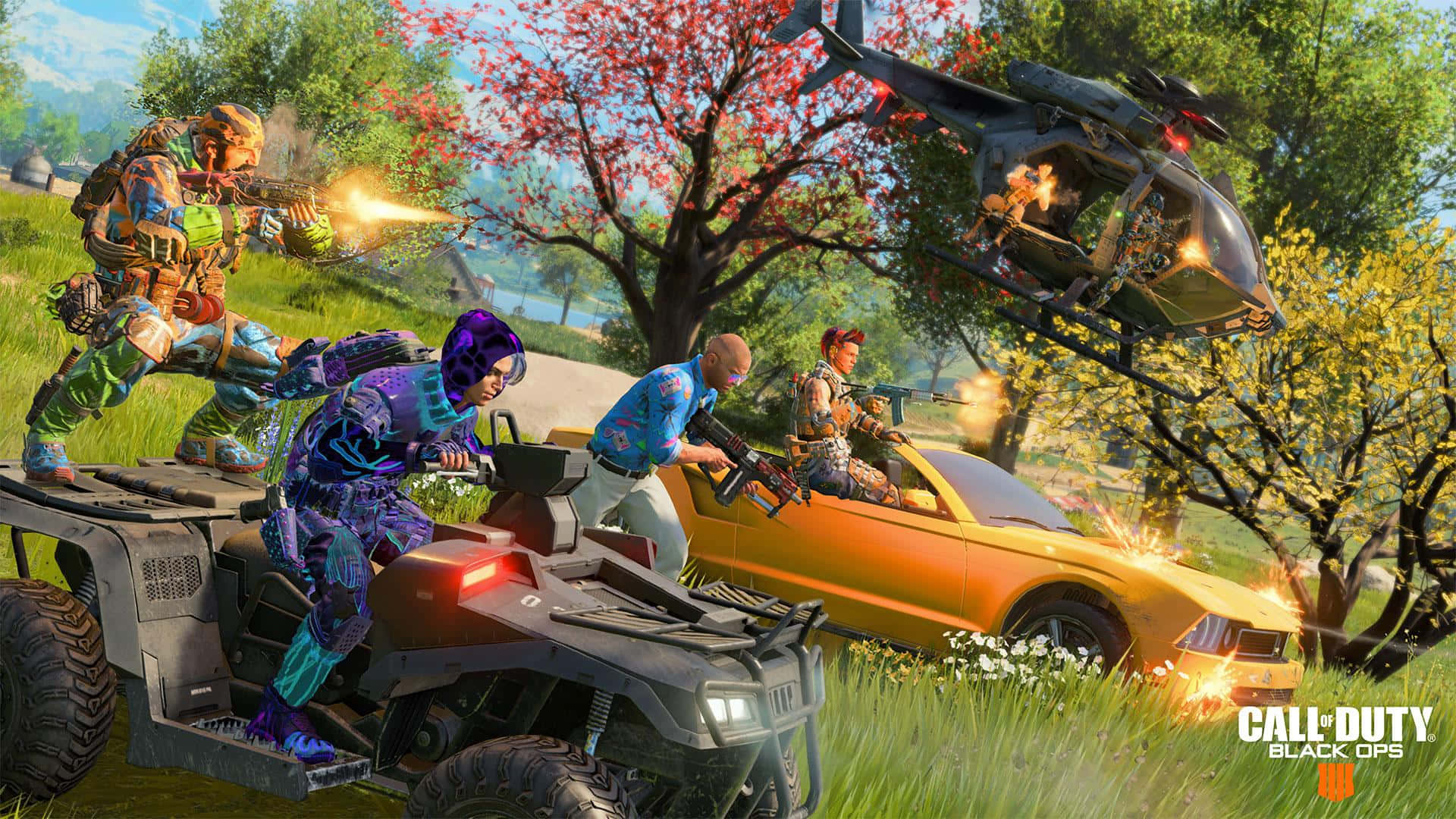 Call Of Duty Vehicles 桌布 壁紙 — 玩家身穿鮮豔裝備，在盛開的櫻花樹和燃燒的車輛之間，用槍械和直升機進行戰鬥。
