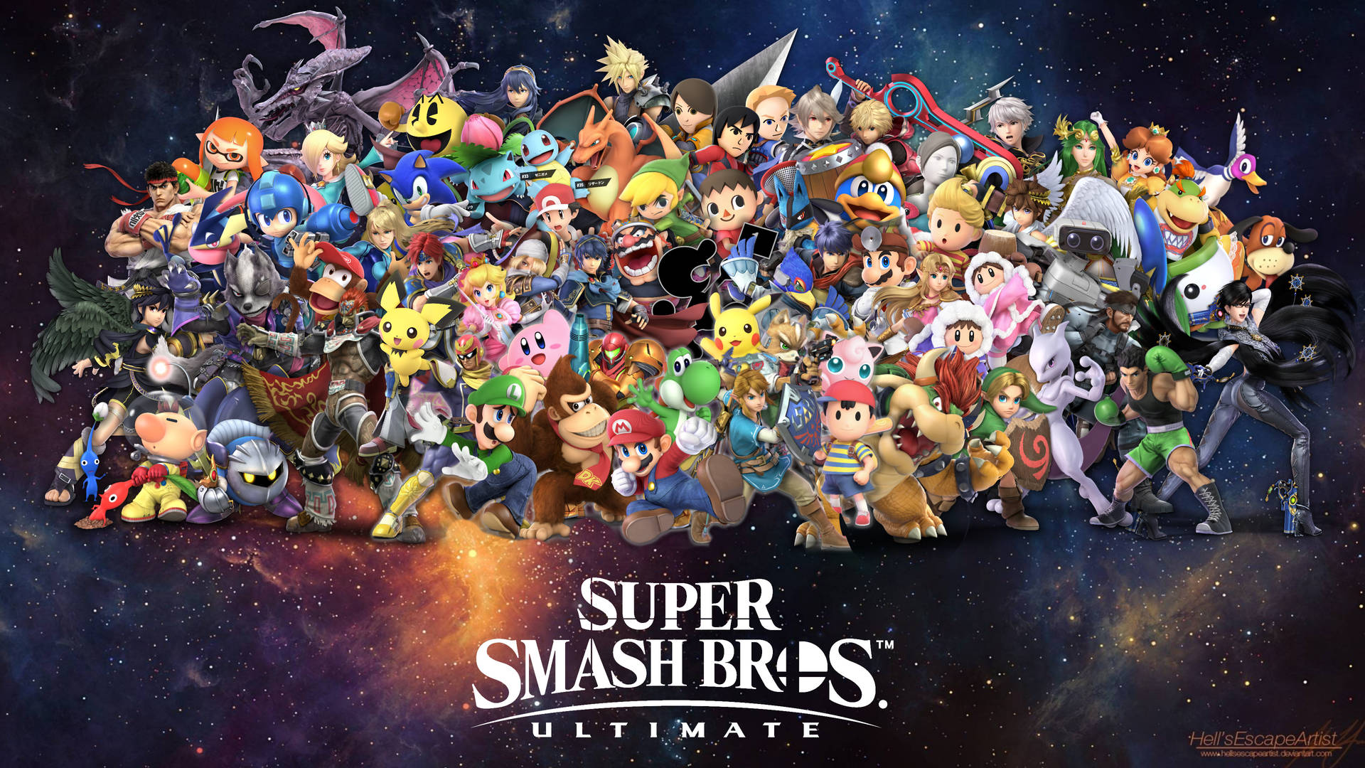 Super Smash Bros Ultimate 角色在星空場景中擺姿勢。