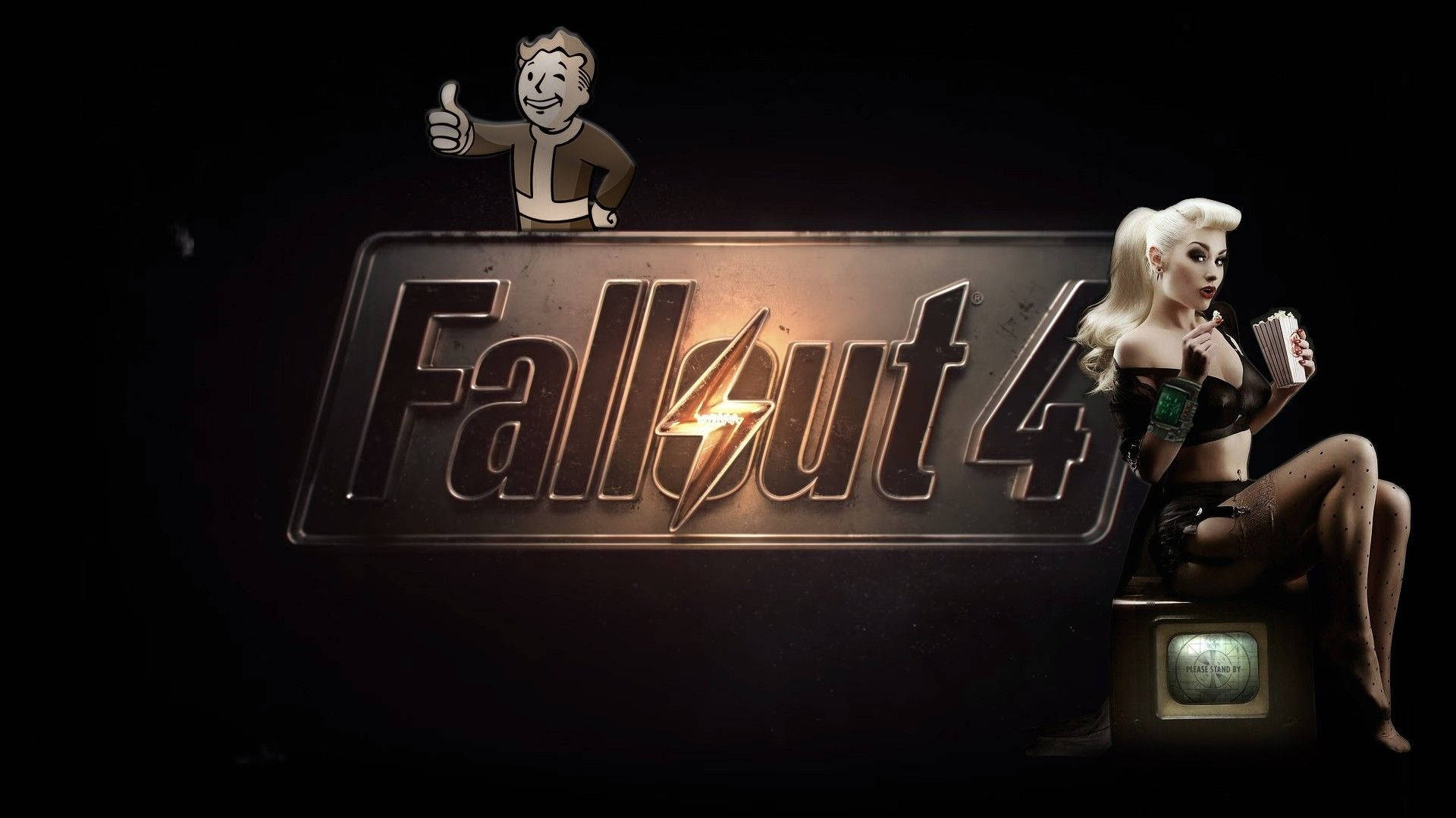 玩輻射4，拯救世界免於核戰 壁紙 — 發光的 Fallout 4 標誌，兩側是豎起大拇指的 Vault Boy 和一位拿著書本的迷人女士。