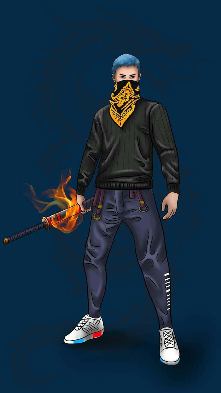 玩轉Hip Hop Free Fire — 嘻哈與動作的完美結合 壁紙 — 一個風格化的數位插圖，描繪一個戴面具、藍色頭髮的角色，在深藍色背景上手持火焰法杖。