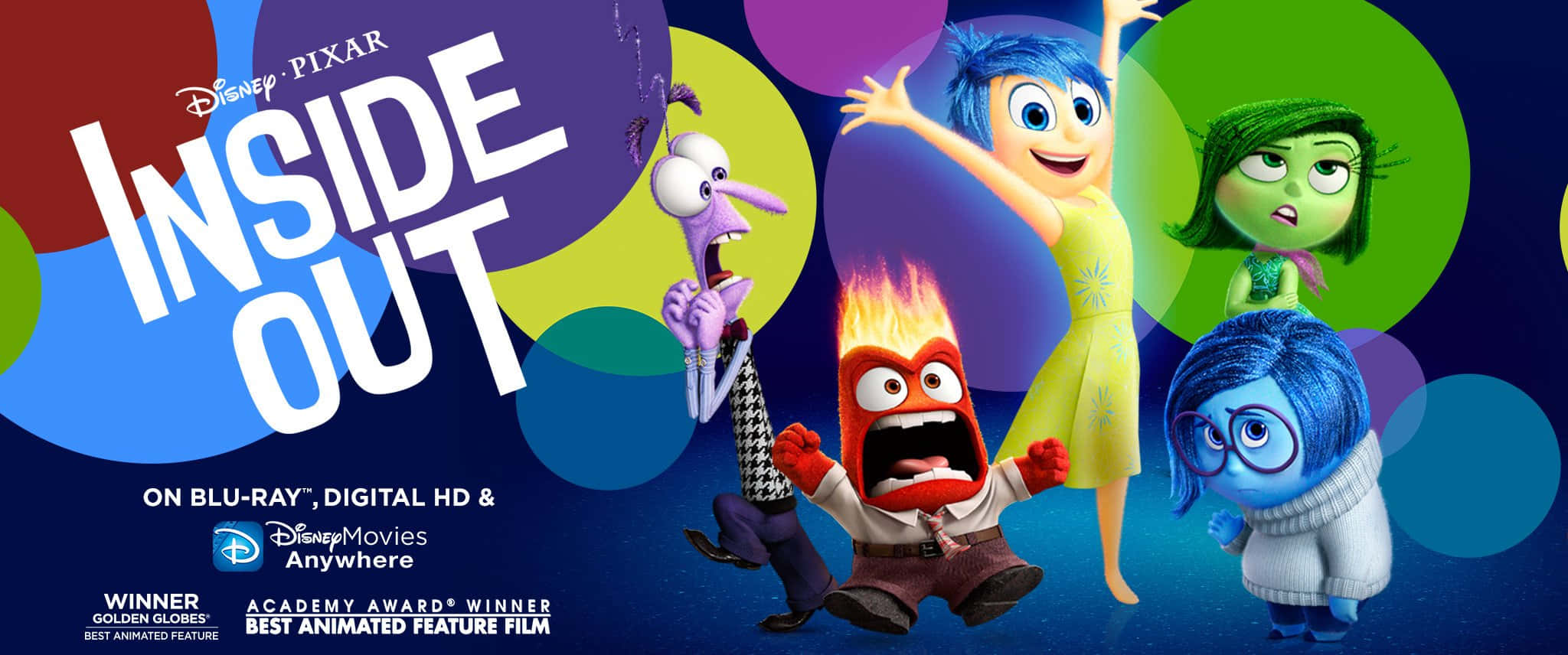 Inside Out 桌布 壁紙 — 《玩轉腦朋友》中充滿活力的動畫角色在色彩繽紛的圓形背景前愉快互動。