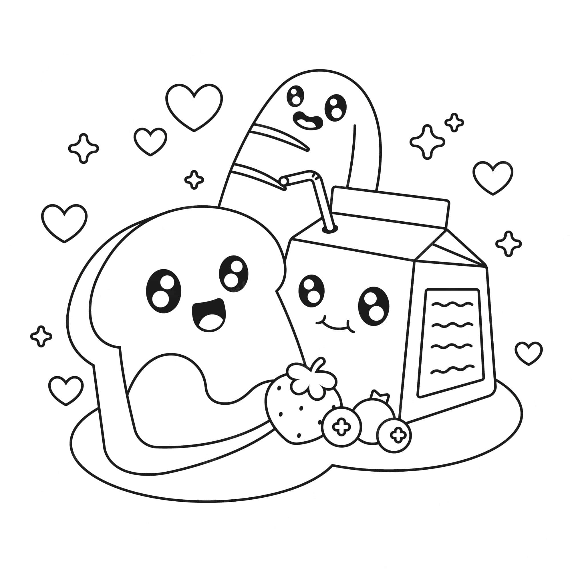 玩轉色彩 – 創意塗色時光 壁紙 — 可愛嘅卡哇伊風格黑白線條畫，畫咗微笑嘅多士牛奶盒同士多啤梨，仲有心心同星星。
