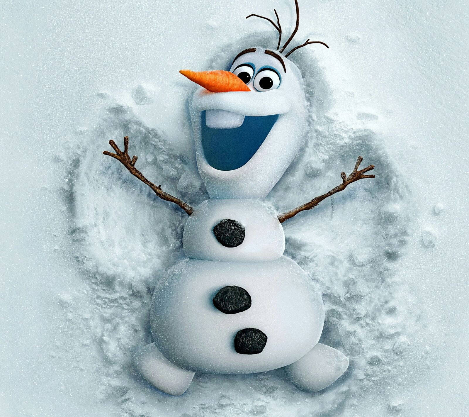 玩雪的奧拉夫 壁紙 — 一個快樂的雪人，有樹枝手臂和胡蘿蔔鼻子，高興地埋在新鮮的雪中，露出燦爛的笑容。