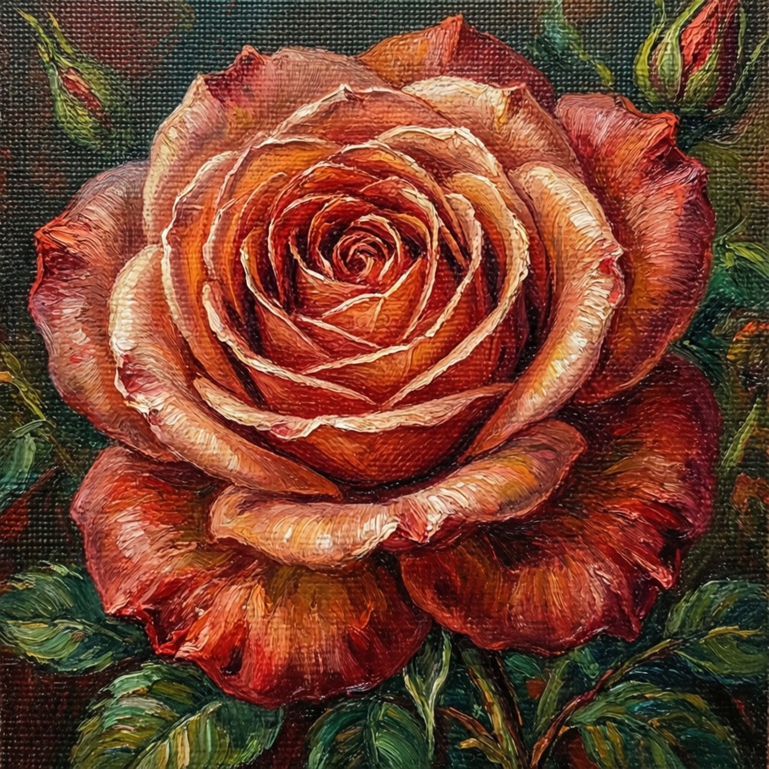 玫瑰畫布顆粒風 壁紙 — 一幅質感豐富的油畫，描繪一朵深紅玫瑰，花瓣層層疊疊，綠葉襯托在畫布上。