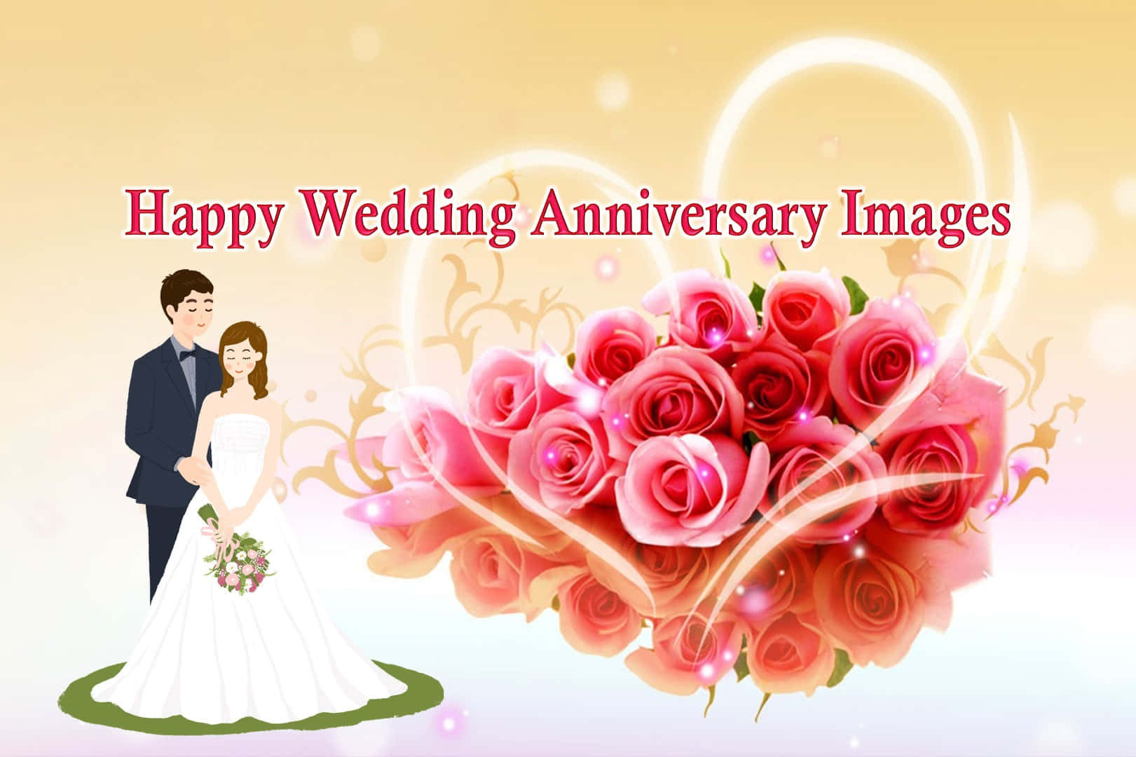 卡通夫婦以粉紅玫瑰和發光心形慶祝結婚紀念日。