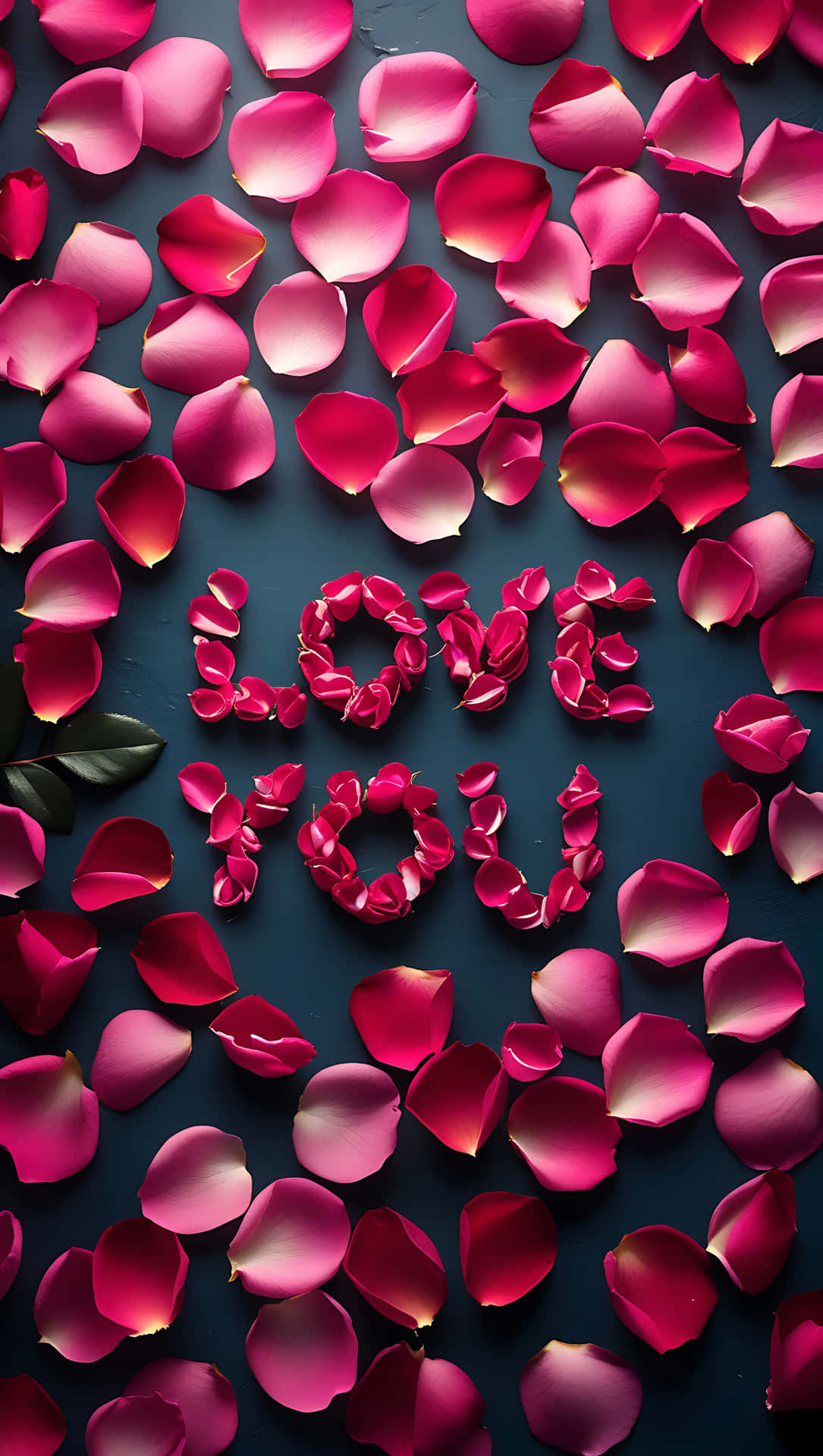 粉紅玫瑰花瓣在深藍綠色表面上拼出 love you