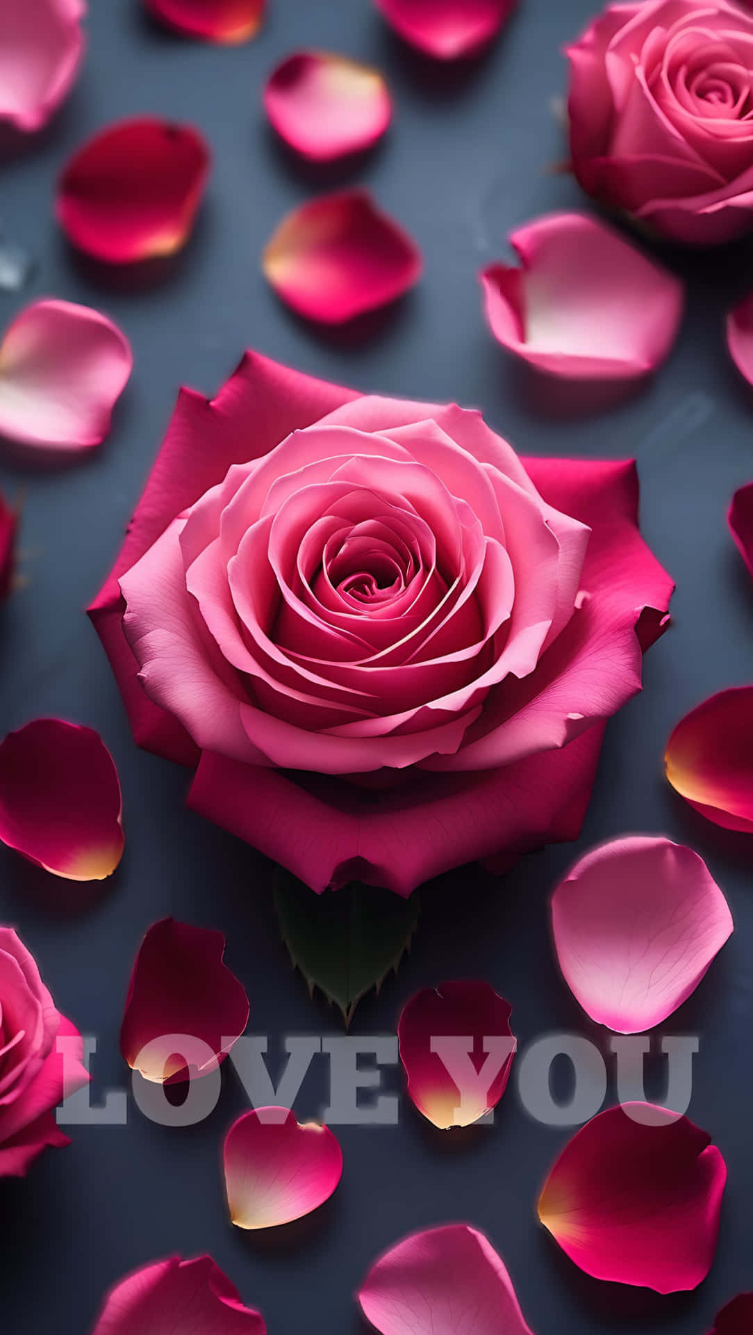 深色表面上散落花瓣的粉紅玫瑰，帶有love you文字