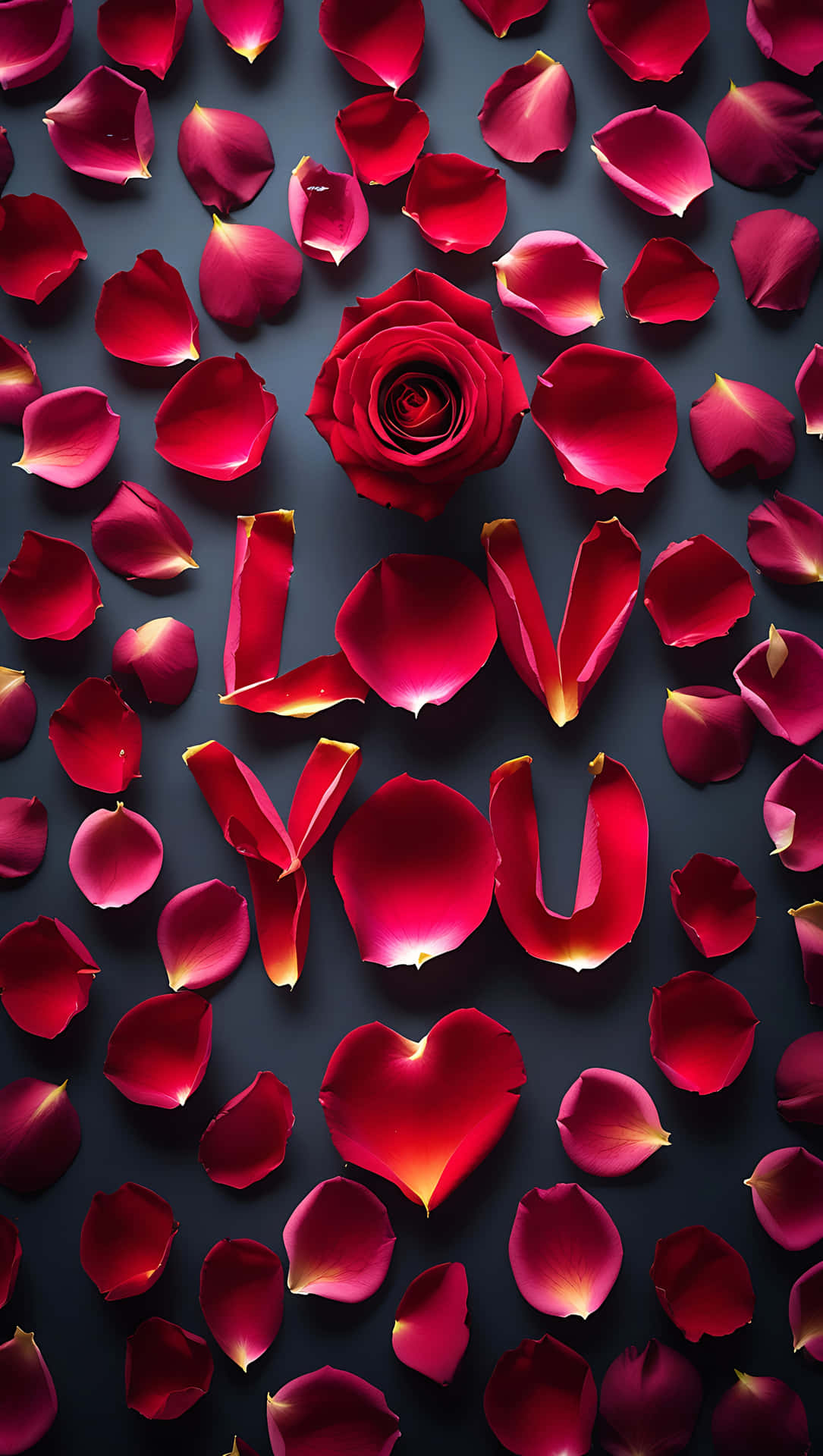 紅玫瑰和花瓣在深色背景上拼出love you