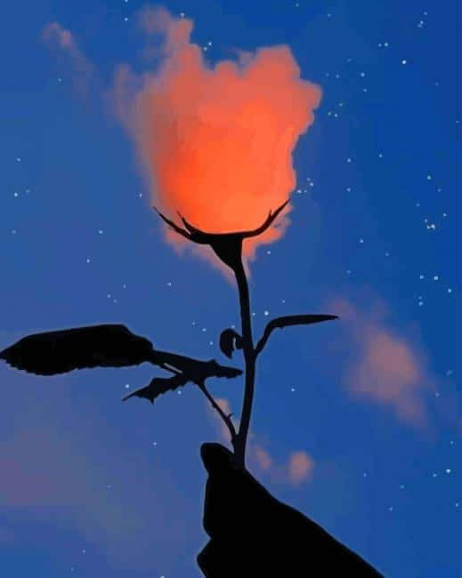 玫瑰花瓣雲朵美學 壁紙 — 一隻手在繁星點點的暮色天空中，手持一朵發光的橙色玫瑰，伴隨著柔軟的雲朵。