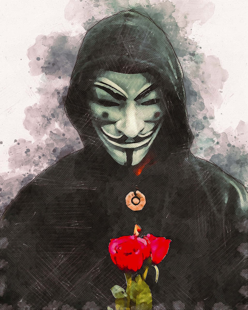 玫瑰蒙面人圖片 壁紙 — 一個戴著蓋伊·福克斯面具的兜帽人物，在潑水彩背景中拿著一朵鮮豔的紅玫瑰。