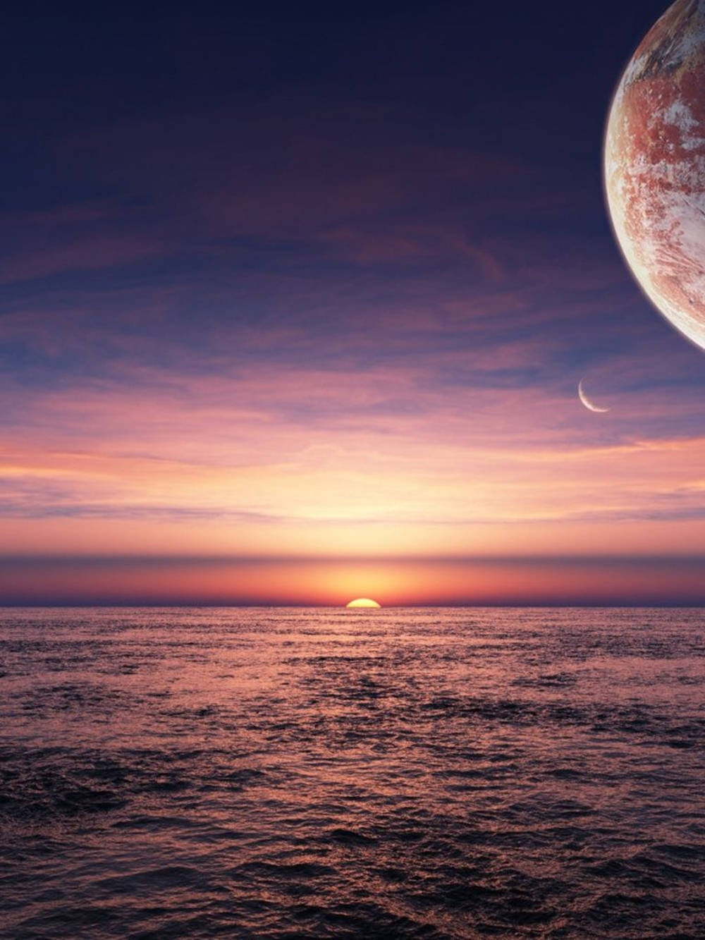 日落時分的異星海洋，天空中有巨大行星和彎月。
