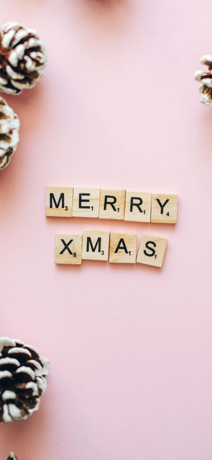 在粉紅色背景上用木製Scrabble字母牌和松果拼出的Merry Xmas。