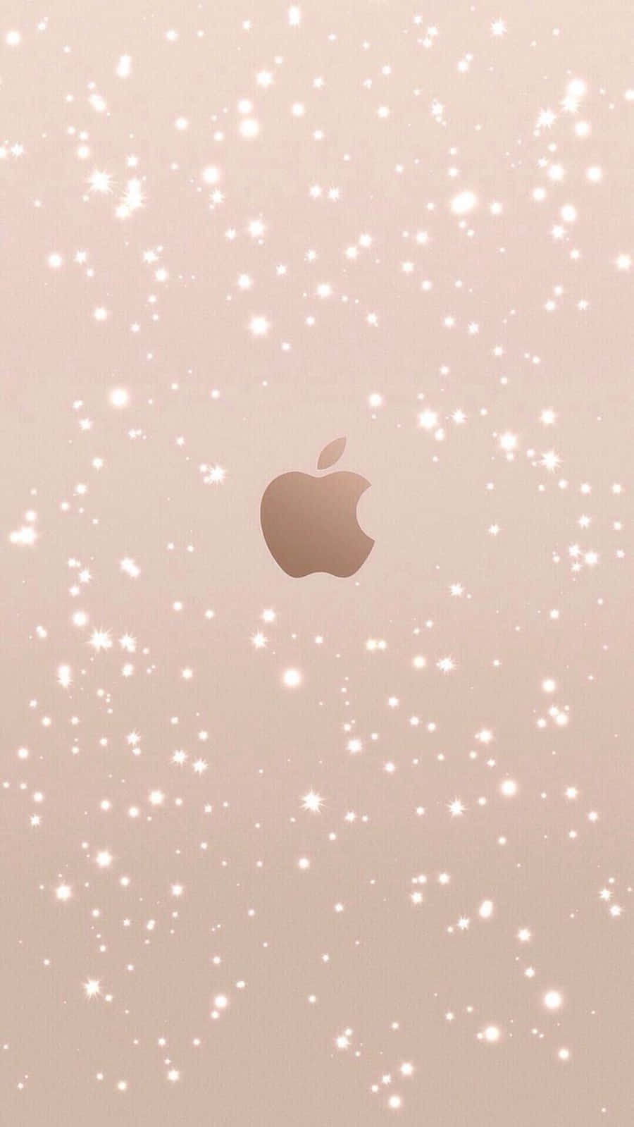 玫瑰金 iPhone 桌布 壁紙 — 玫瑰金色 Apple 標誌置中於柔和的胭脂色背景上，並灑滿發光的白色閃粉。