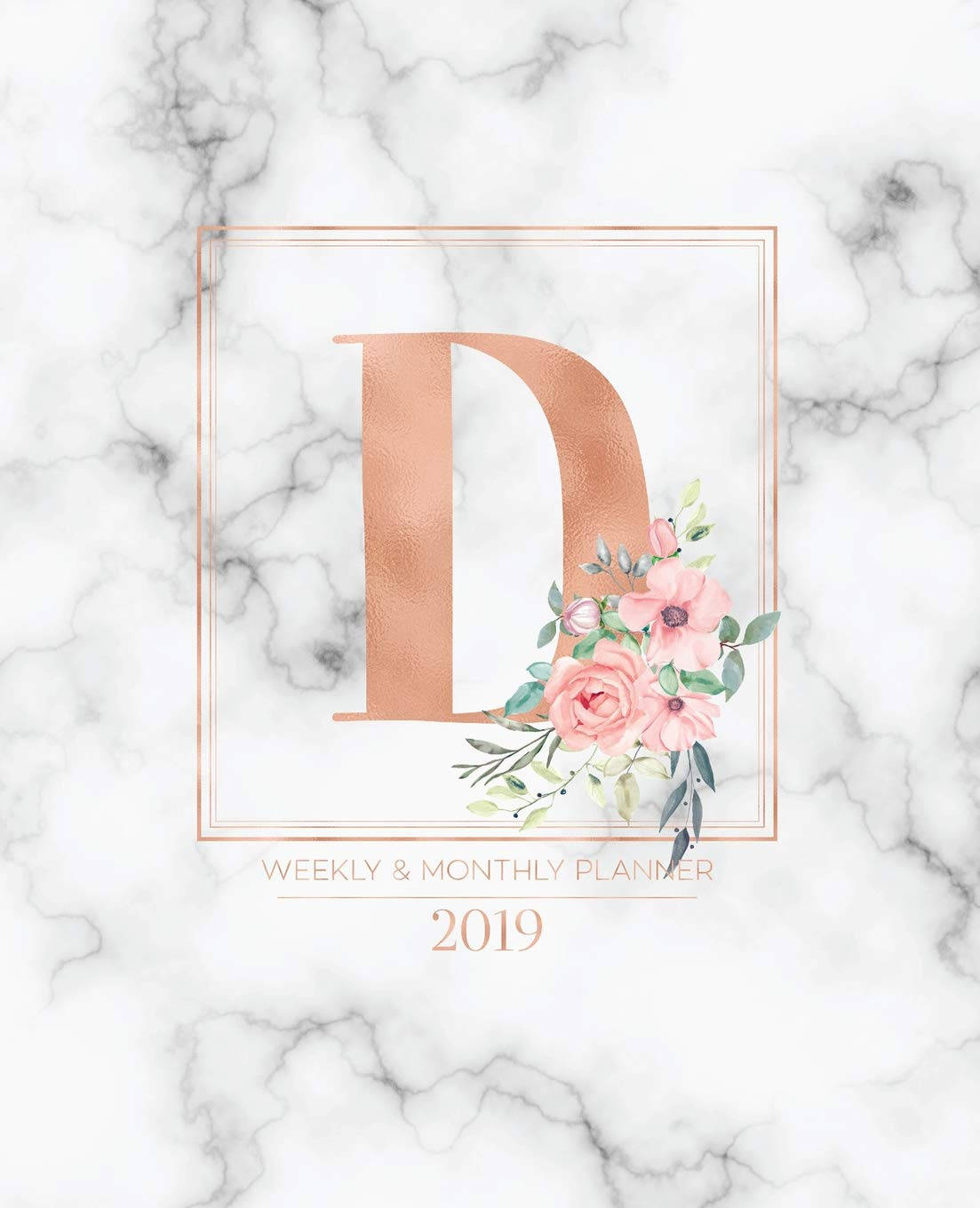 D 桌布 壁紙 — 玫瑰金色字母D配粉紅色花卉佈置，白色大理石背景，適用於2019年計劃本封面。