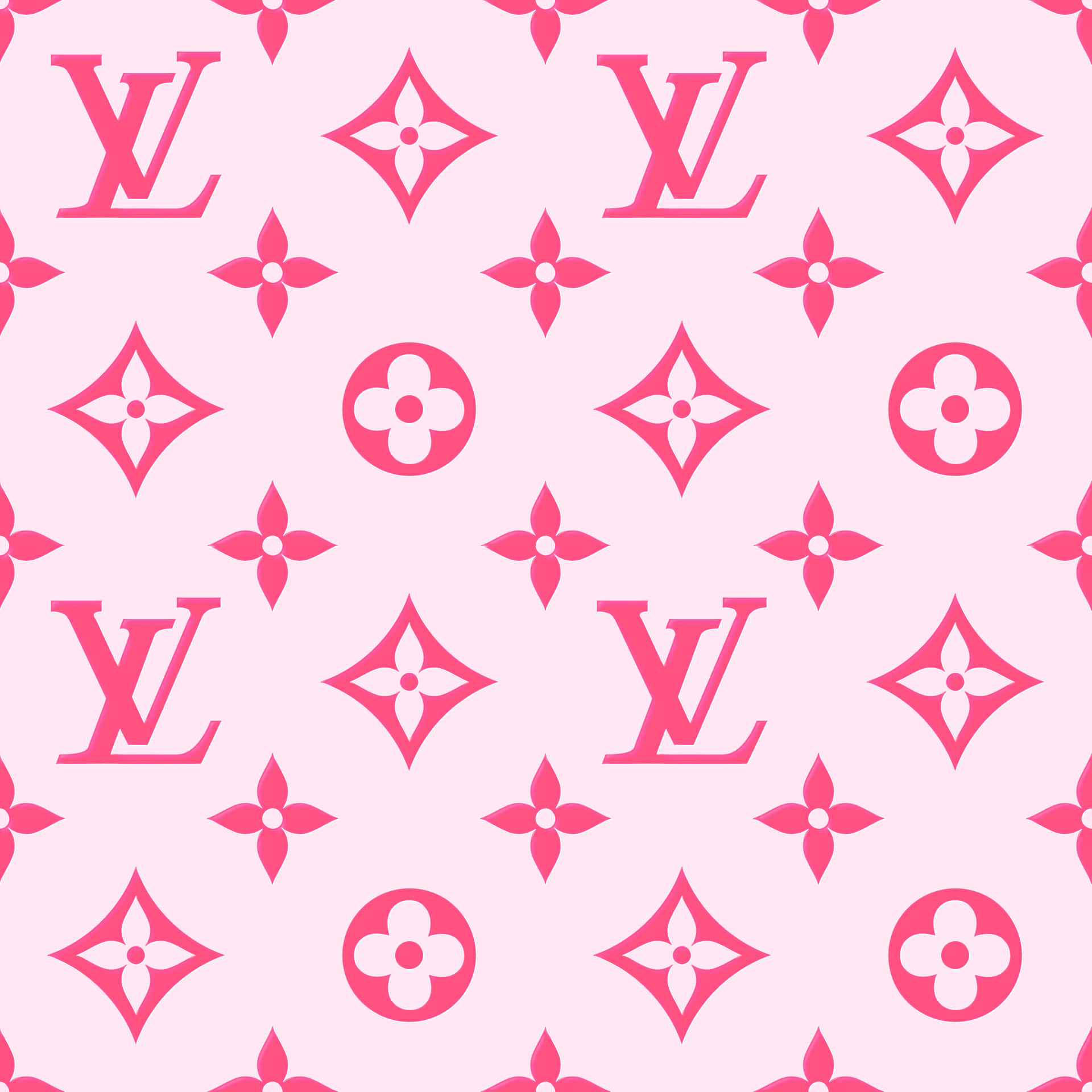 粉紅色 Louis Vuitton 字母組合圖案牆紙設計。