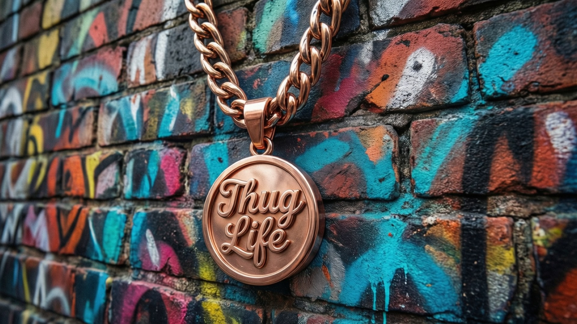 玫瑰金 'Thug Life' 吊墜項鍊在塗鴉磚牆上。