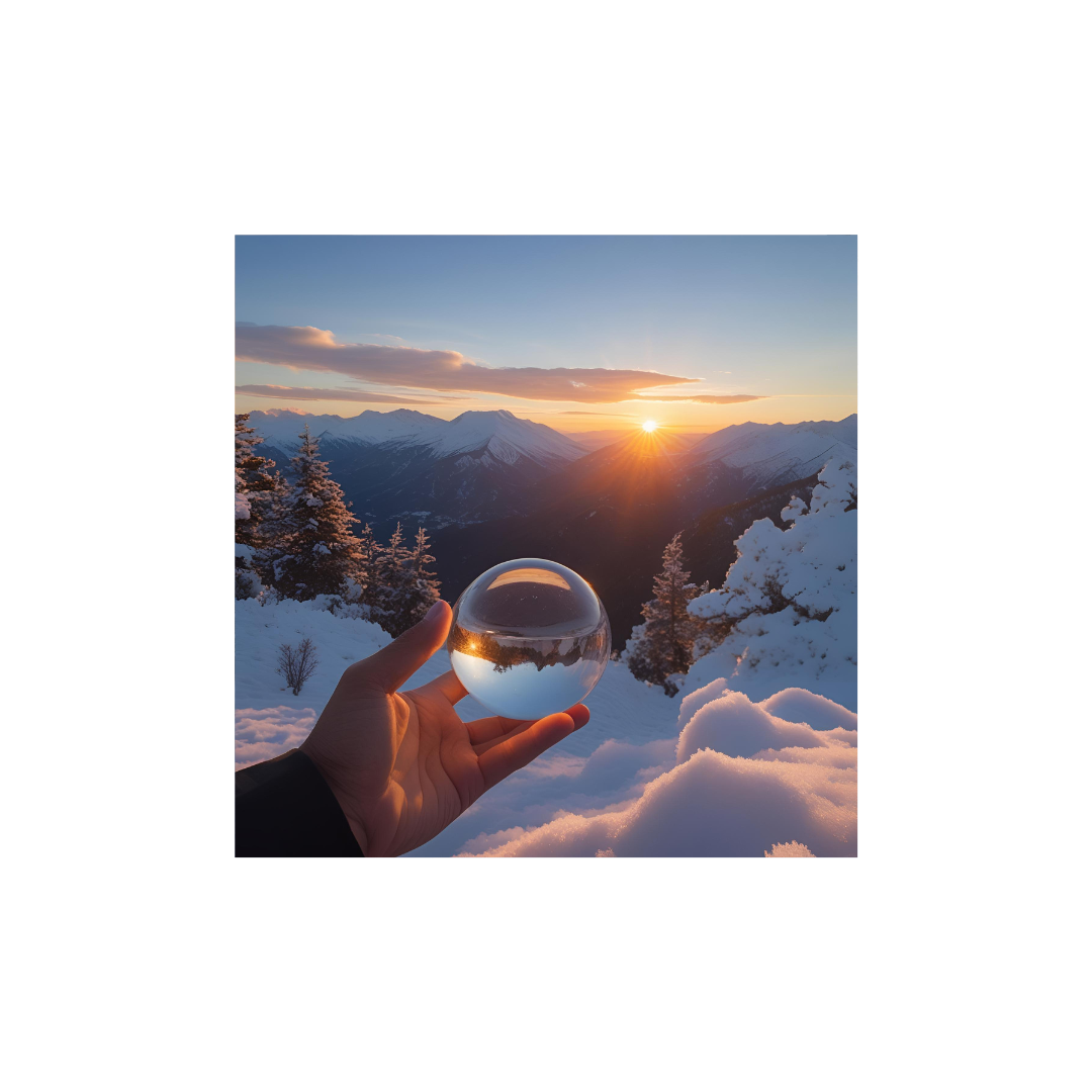 玻璃世界晨曦 壁紙 — 一隻手拿著一個水晶球，反射出雪山日落，金色陽光穿透雲層。