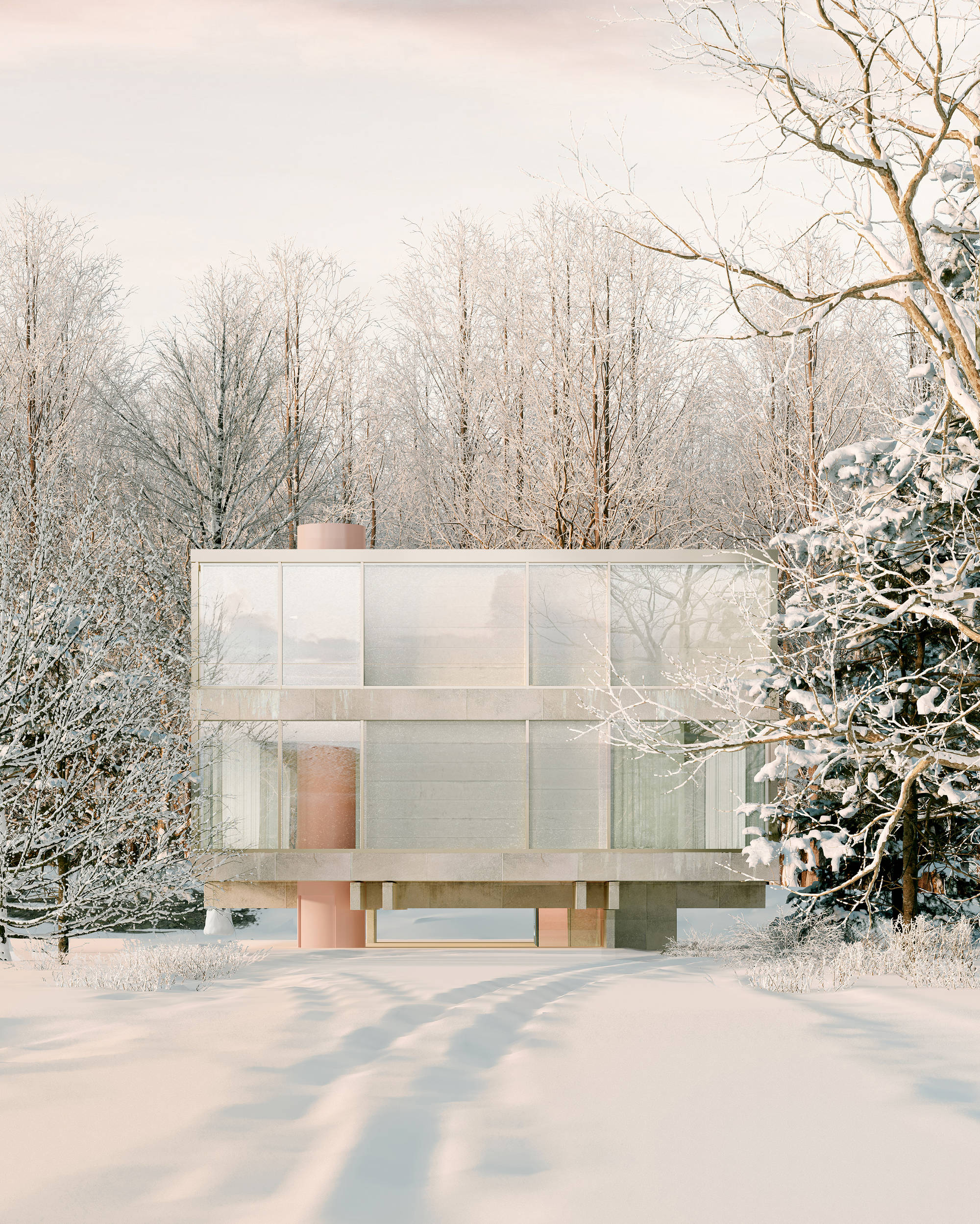 玻璃冬日小屋 壁紙 — 一座現代玻璃和混凝土房屋，坐落在白雪覆蓋的森林中，周圍是光禿禿的樹木和柔和冬日光線。