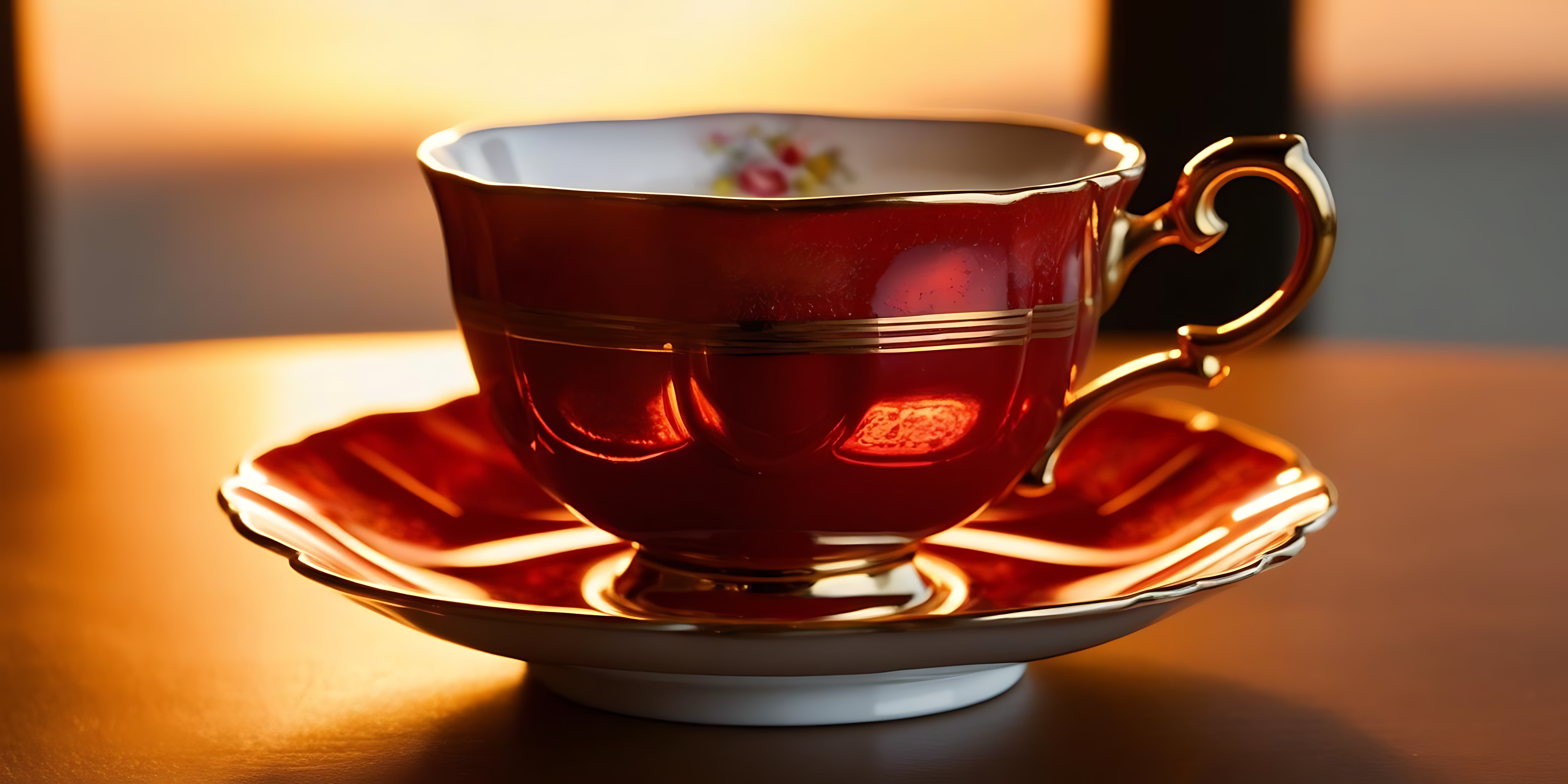 玻璃杯盛熱茶 壁紙 — 一個帶有金色邊緣和花卉圖案的亮紅色瓷茶杯，放在相配的碟子上，沐浴在溫暖的金色光線中。