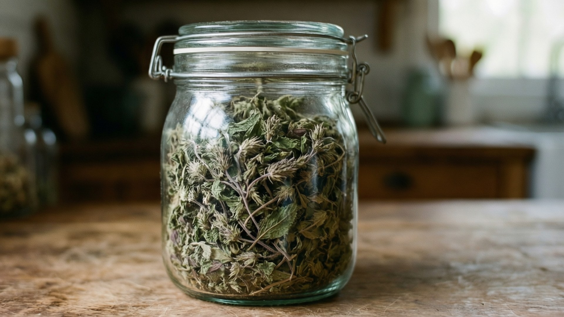 木製廚房檯面上的乾香草玻璃罐
