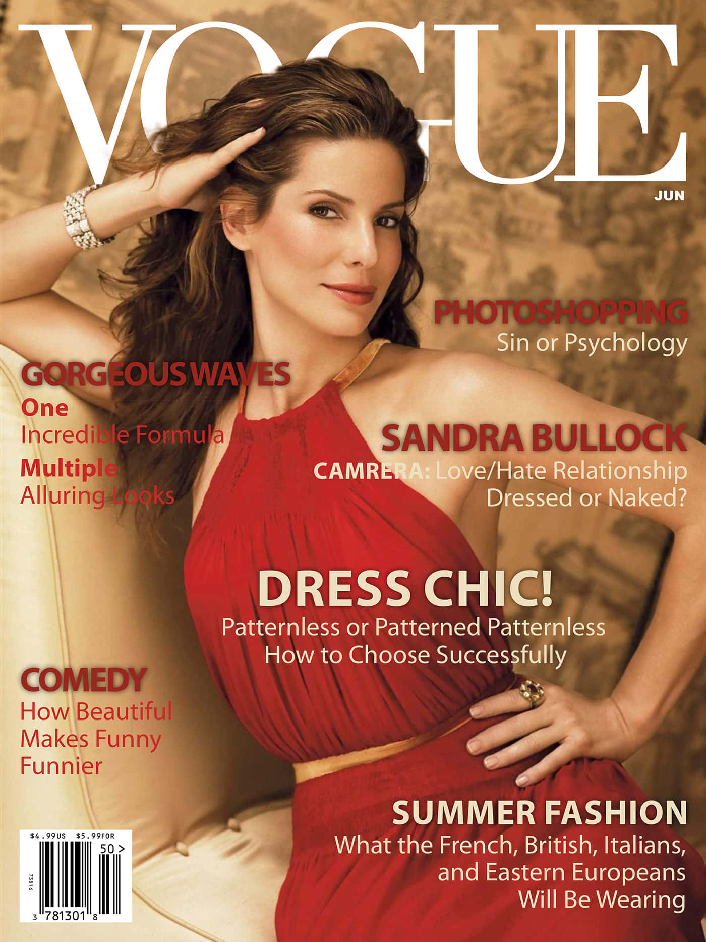 Magazine 桌布 壁紙 — 珊卓·布拉克自信地穿著大膽的紅色連衣裙，出現在《Vogue》六月號封面上，並帶有關於時尚和攝影的文字疊加。