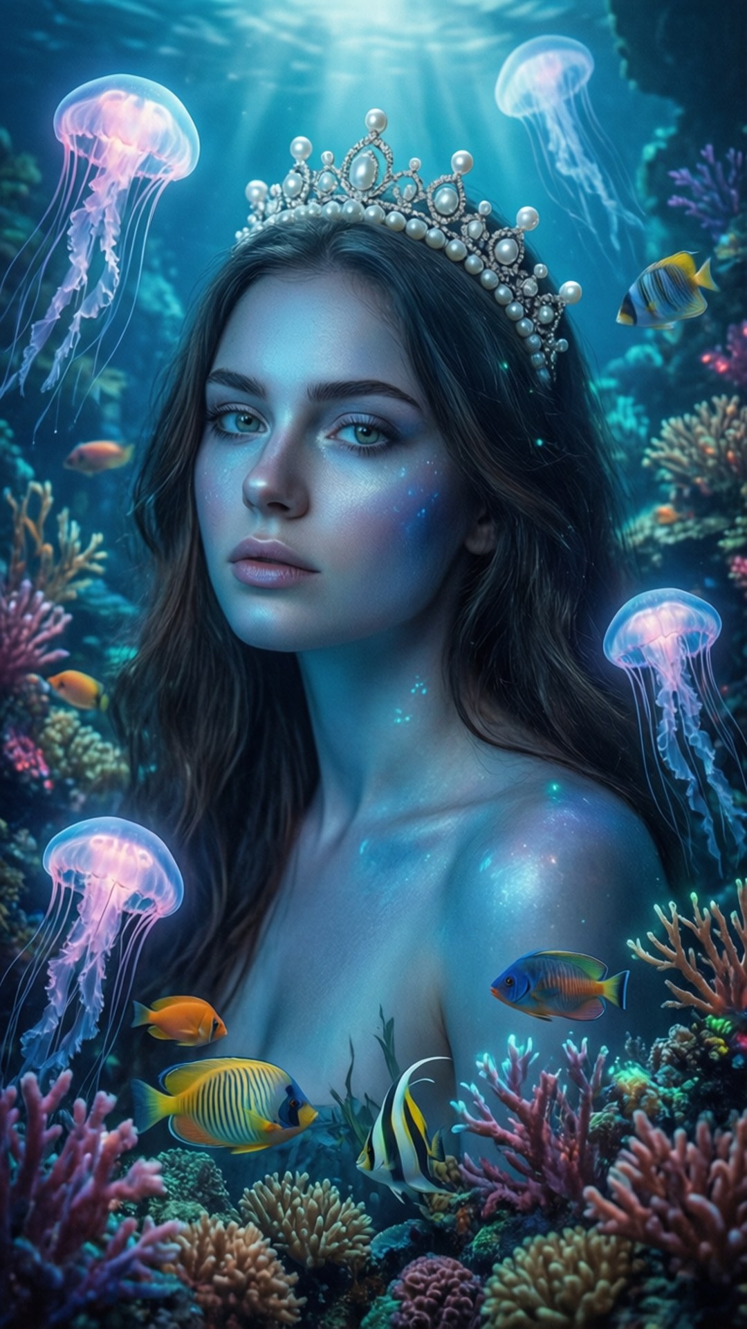 珊瑚王座女王 壁紙 — 一位戴著珍珠皇冠的寧靜美人魚在發光的水母和色彩繽紛的珊瑚礁魚群中仰望深藍色的海水。