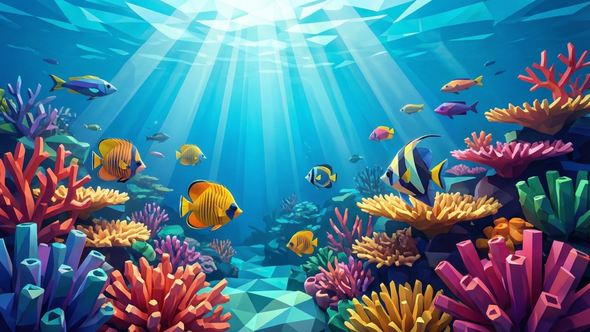 充滿活力的珊瑚礁，色彩繽紛的魚群在清澈湛藍的海水中，在陽光下暢游。