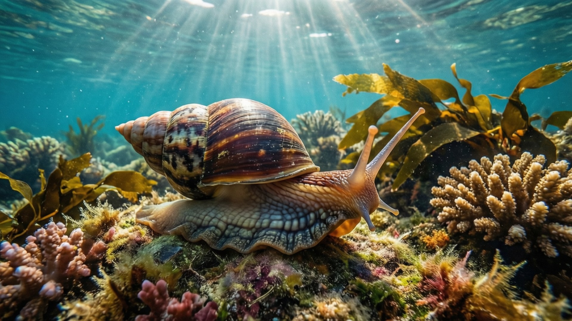 海蝸牛在珊瑚礁上爬行，陽光穿過海水。