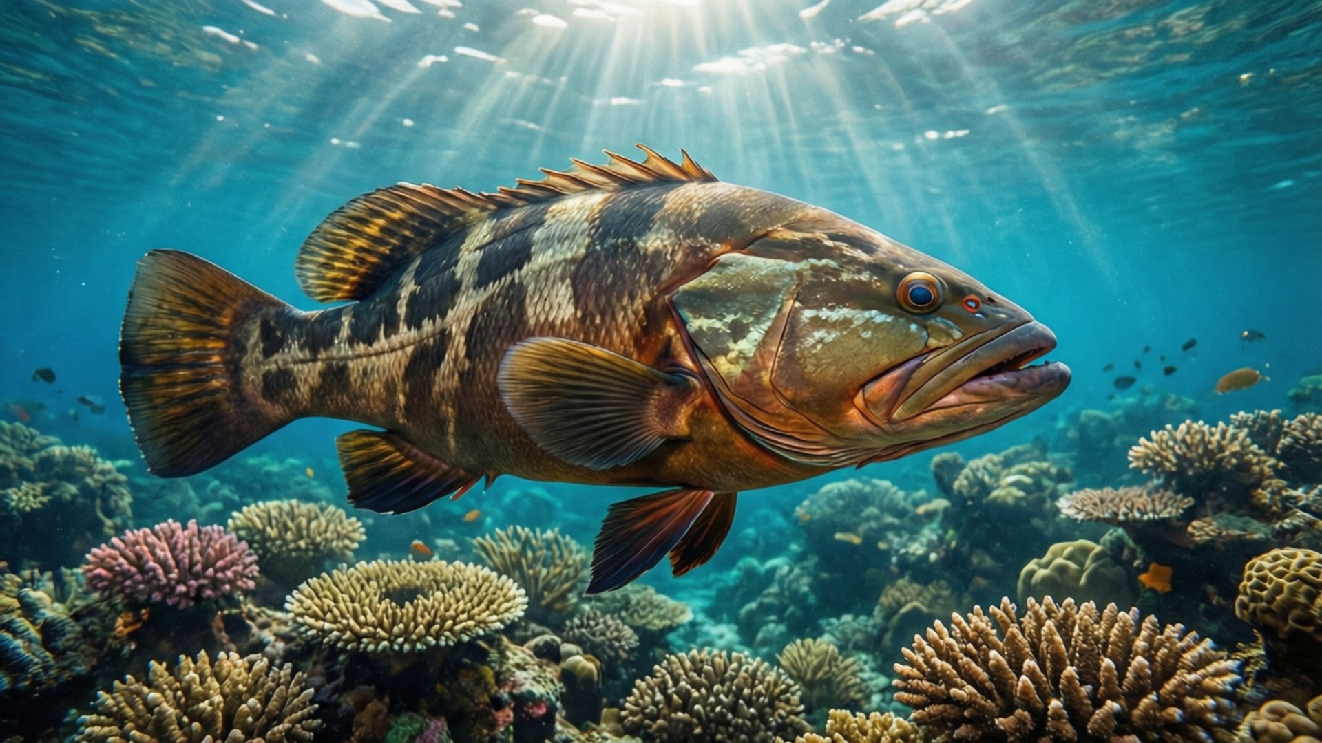 珊瑚礁帝王魚 壁紙 — 一條大型斑點魚喺陽光從海面照射落嚟嘅情況下，優雅噉游喺充滿活力嘅珊瑚礁上面。