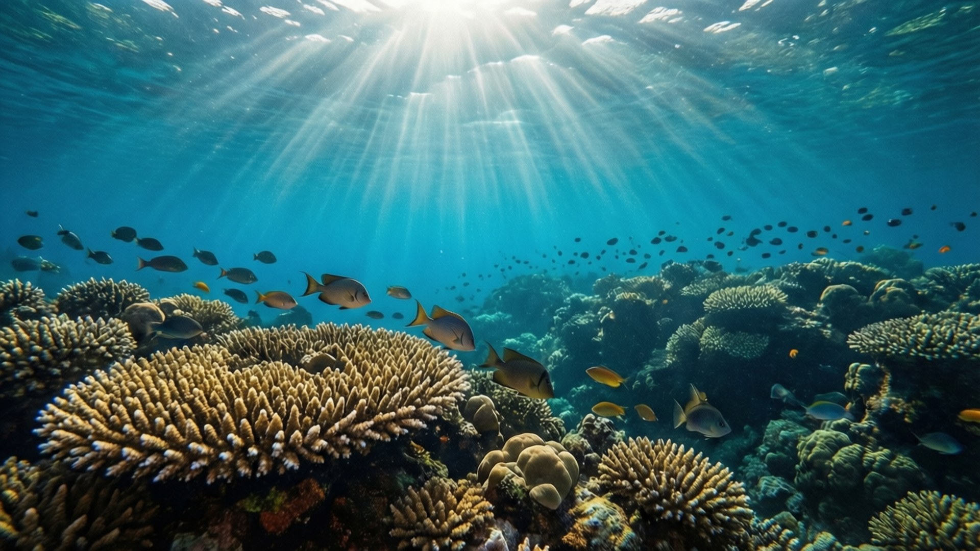珊瑚礁深處 壁紙 — 陽光穿過碧綠海水，照亮下方充滿活力的珊瑚礁和魚群。