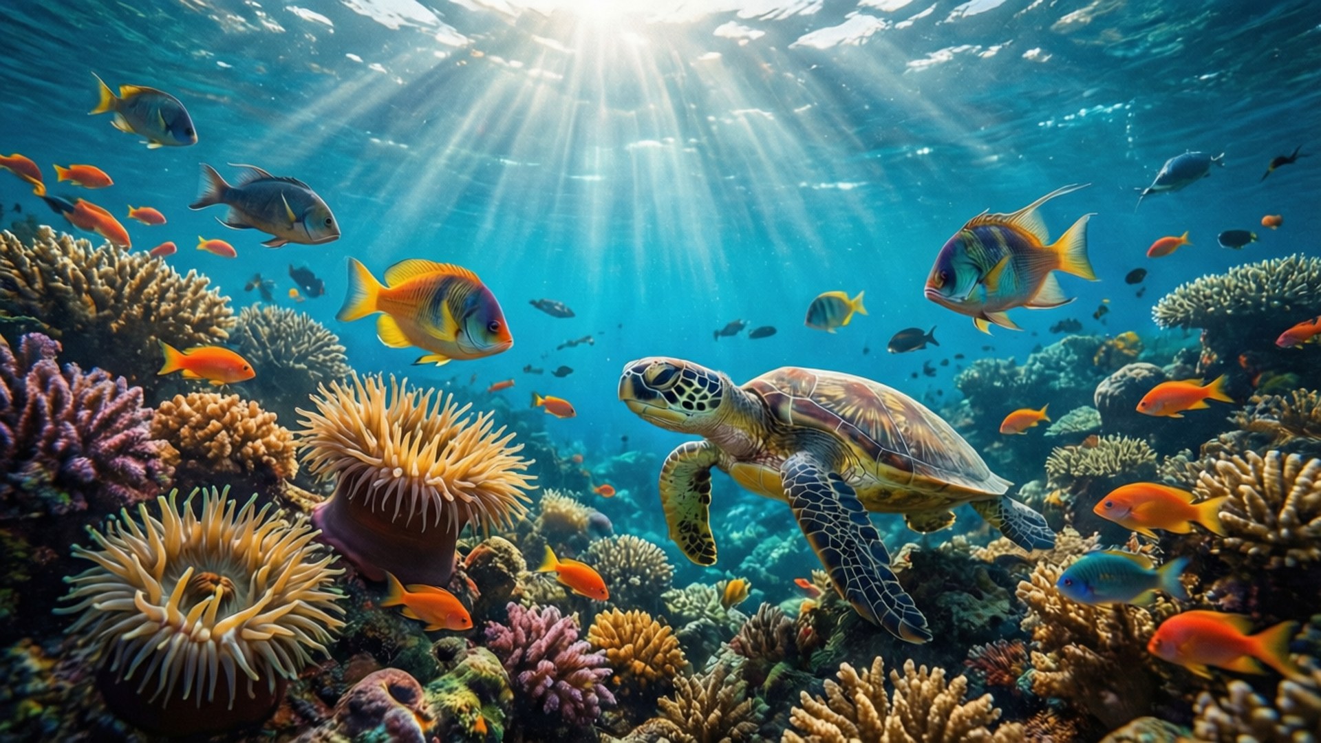 海龜在陽光普照的海洋中於珊瑚和魚群之間游泳