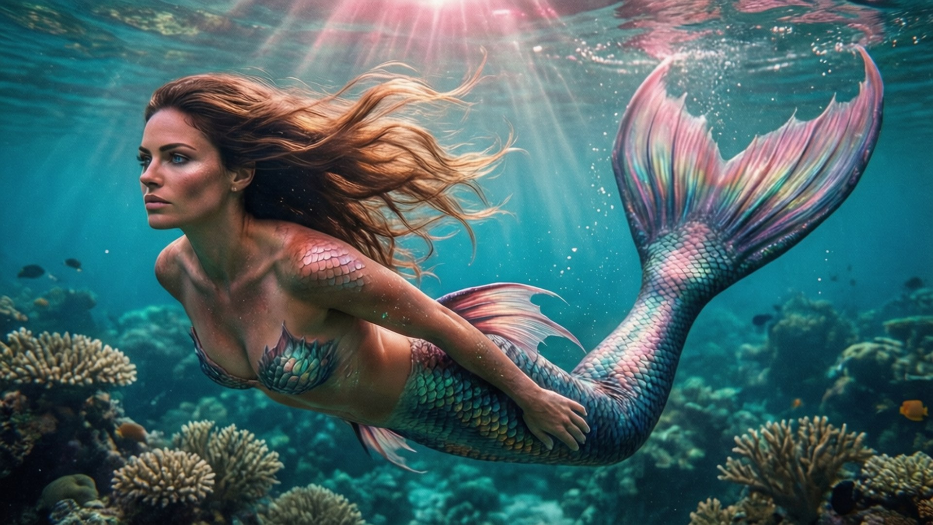 一條美人魚在水中陽光普照的珊瑚礁中優雅地游動。