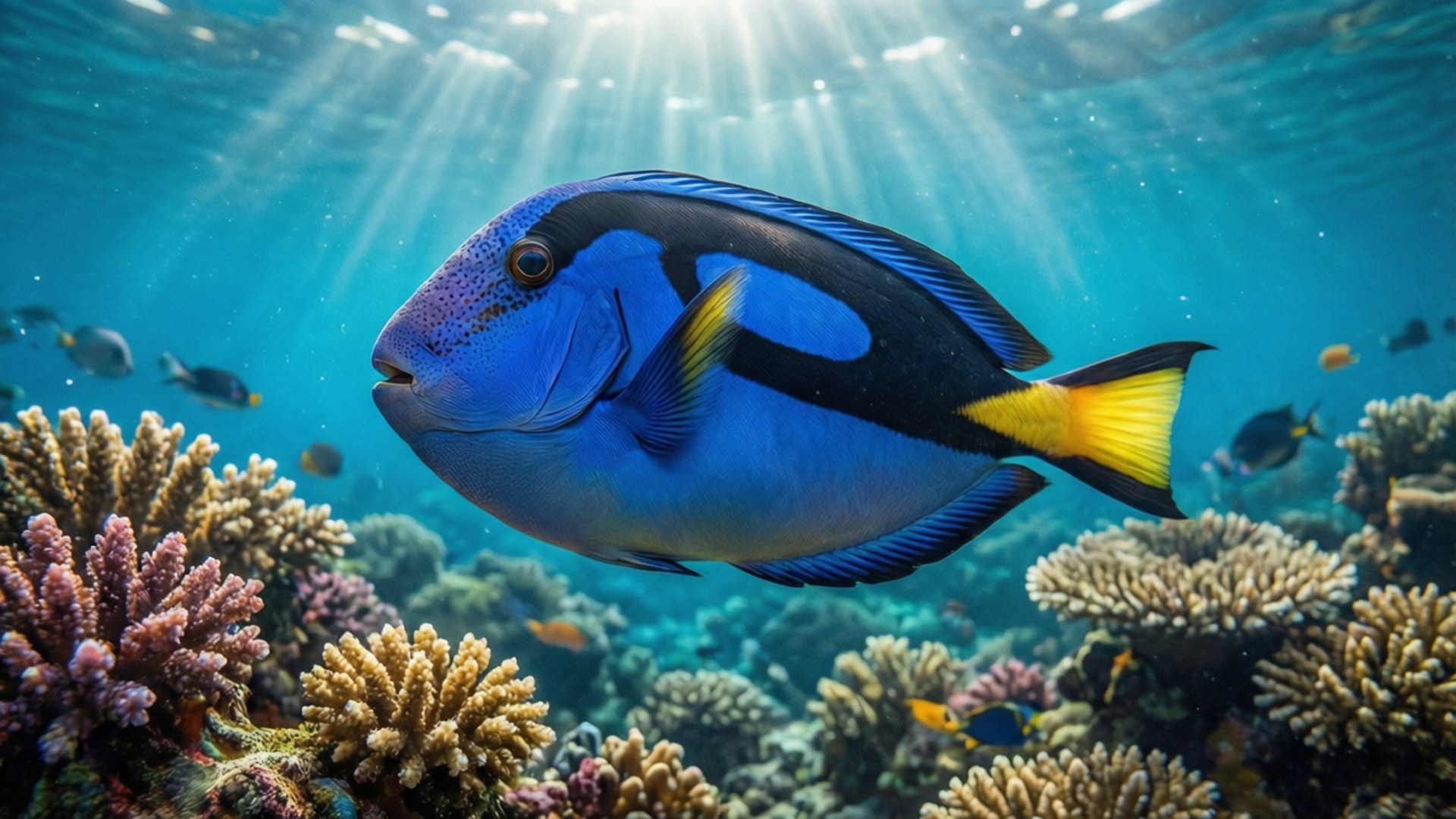 藍色刺尾魚在陽光照射的海水中滑過色彩繽紛的珊瑚。