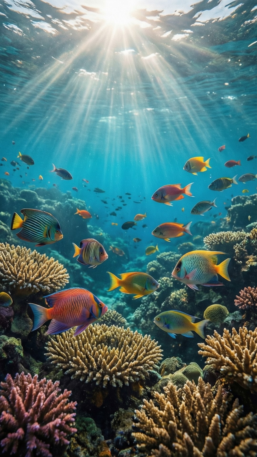陽光穿過海水，照射在色彩繽紛的珊瑚礁和熱帶魚上