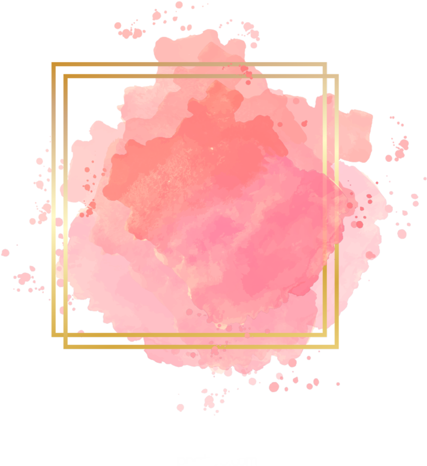 珊瑚粉水彩飛濺背景 壁紙 — 一個柔和粉紅色水彩潑濺，由金色正方形框住，背景為黑色，帶有散落的潑點。