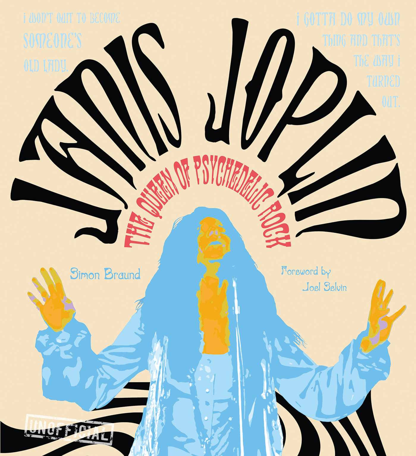 珍妮斯·賈普林抽象藝術 壁紙 — 一幅風格化的 Janis Joplin 插圖，長髮高舉雙手，背景為米色，帶有迷幻文字和黑白漩渦。
