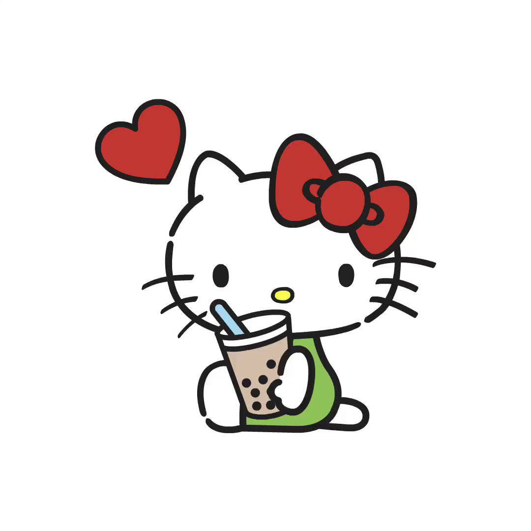 珍珠奶茶Hello Kitty頭像 壁紙 — Hello Kitty 啜飲泡泡茶，旁邊漂浮著一個紅心，風格簡單卡通。