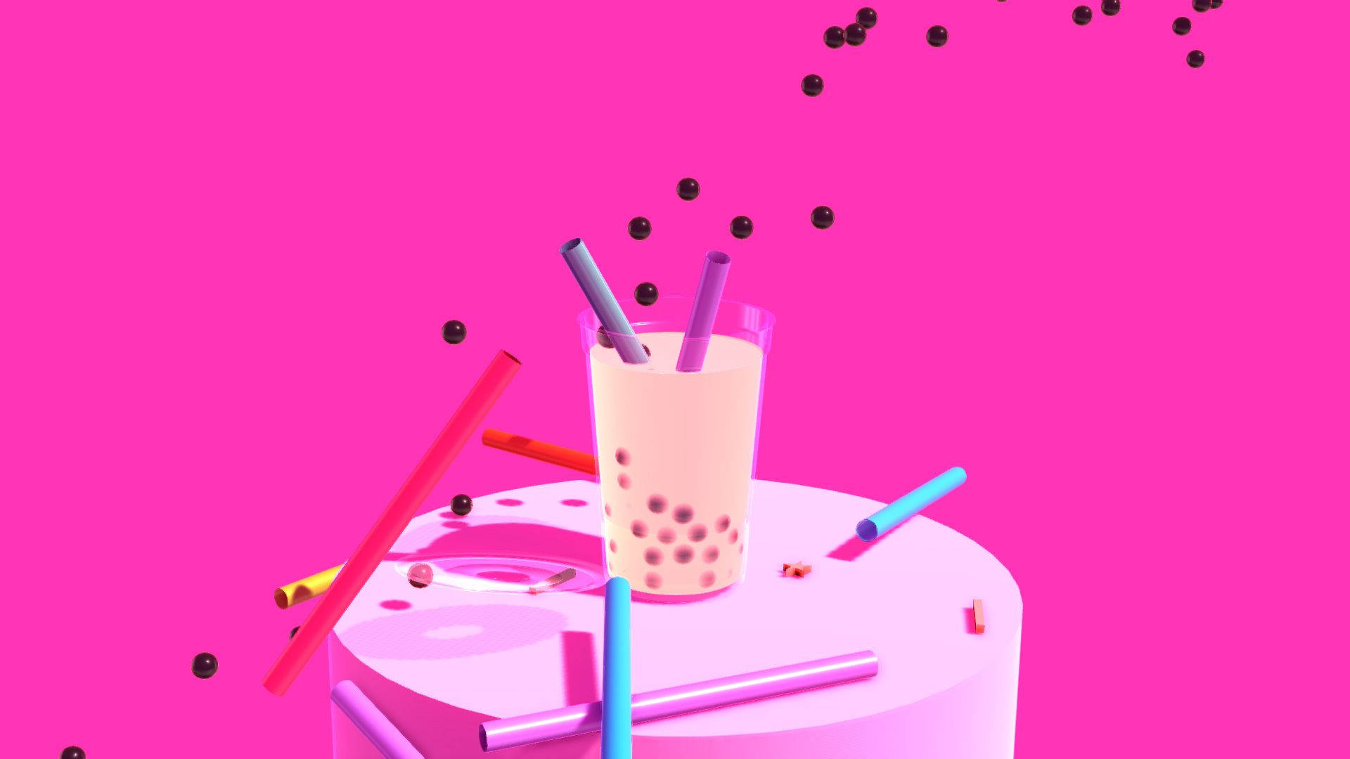 珍珠奶茶美食藝術遊戲 壁紙 — 一個充滿活力的粉紅色3D渲染泡泡茶，配有彩色吸管和木薯珍珠，漂浮在純粉紅色背景上。