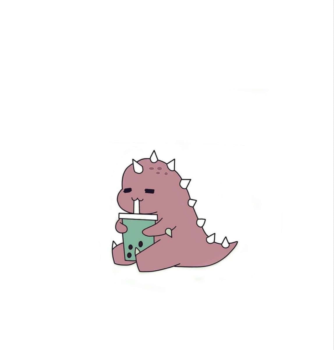 珍珠奶茶與可愛小恐龍共飲 壁紙 — 一隻可愛的粉紅色卡通恐龍用吸管喝綠色珍珠奶茶。